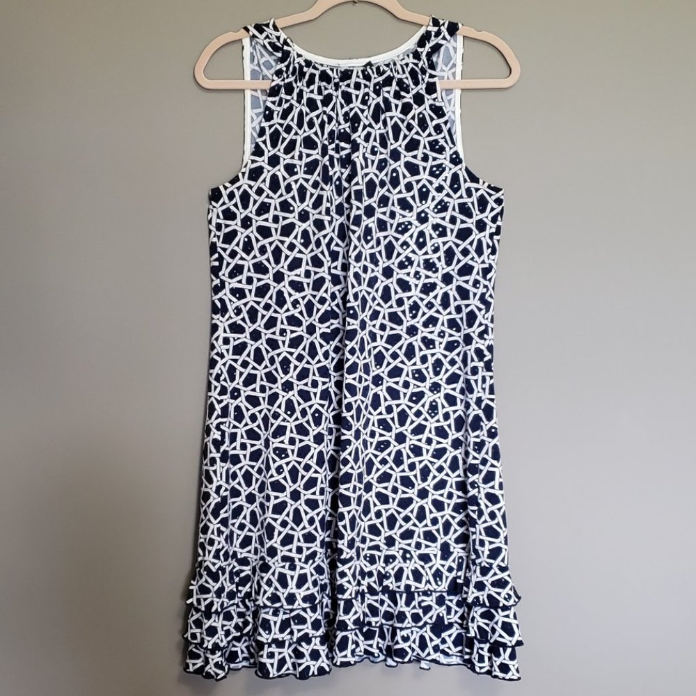 LADIES NAVY/WHITE PATTERNED HOLOGRAM SEQUINS SHEATH DRESS - LG
